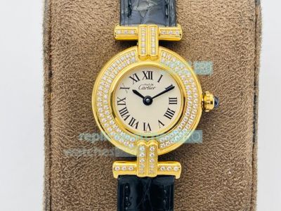Swiss Must De Cartier Quartz Vintage Watch Gold Case White Dial Diamond Bezel